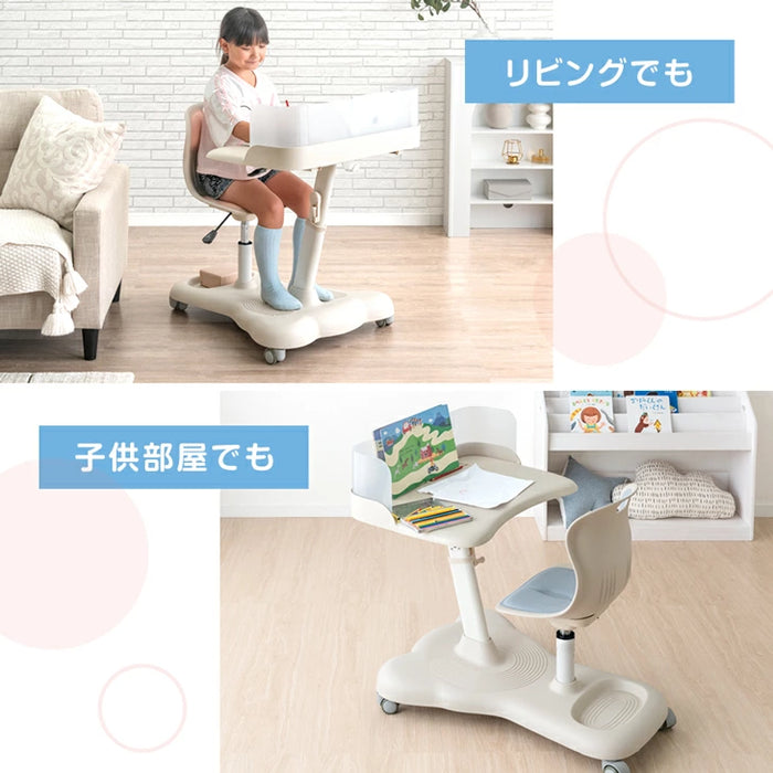一体型デスク＆チェア セット 高さ調整 キャスター付き キッズデスク キッズチェア〔92002802〕