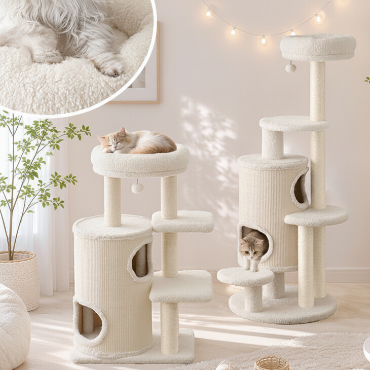「本日まで」 幾何学模様のホワイトキャットハウス キャットタワー ［高さ148cm］ワントーン 据え置き ハウス着脱 洗える