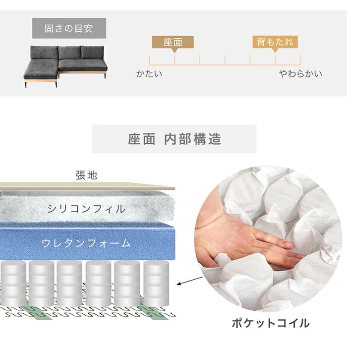 洗える カウチソファ 3人掛け カバーリング ポケットコイル 天然木 肘なし L字 ウッドフレーム  ファブリック 北欧 おしゃれ〔99900385〕