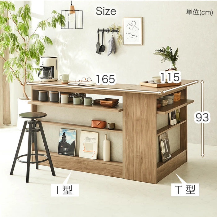 ［幅165cm］ディスプレイラック付き 国産 カウンターテーブル 完成品  L字型 組み替えOK 収納ラック 間仕切り モダン モルタル調 木目調【超大型商品】〔99900423〕