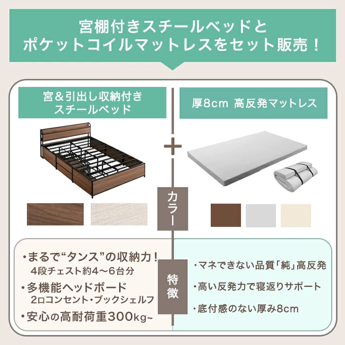 ［セミダブル］まるでタンスの収納力 大容量 収納ベッド 高反発マットレスセット 2コンセント 宮棚 三つ折り マットレス 引き出し〔99900477〕