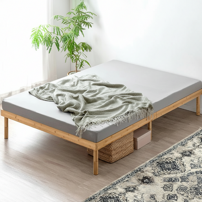 ［セミダブル］天然竹 すのこベッド マットレスセット 3段階 高さ調節 ポケットコイル 極厚22cm〔99910901〕