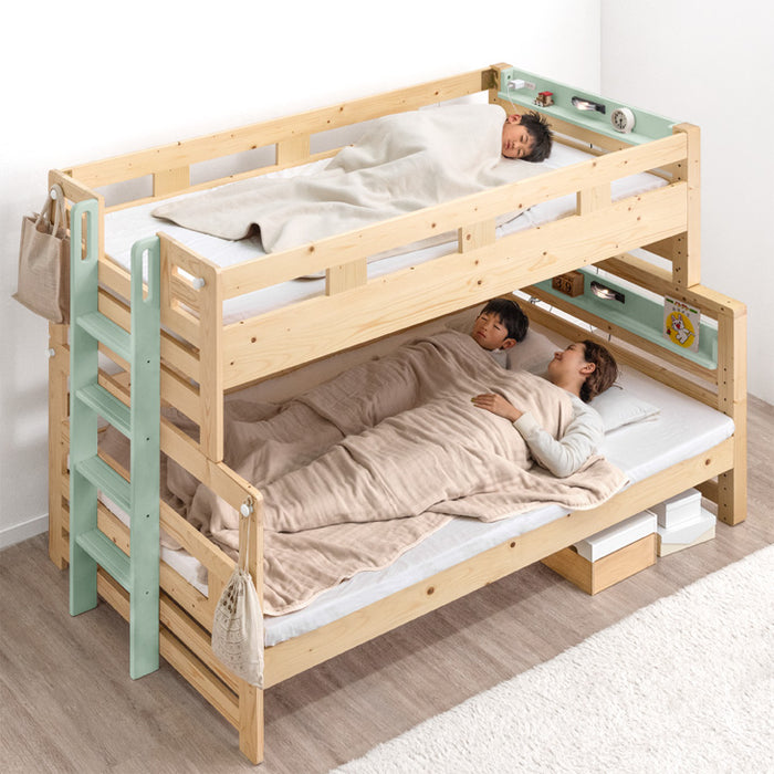 添い寝できる 二段ベッド 分割可能 ライト付 宮棚 上段シングル 下段セミダブル コンセント ロータイプ 木製 すのこ【超大型商品】〔81200027〕