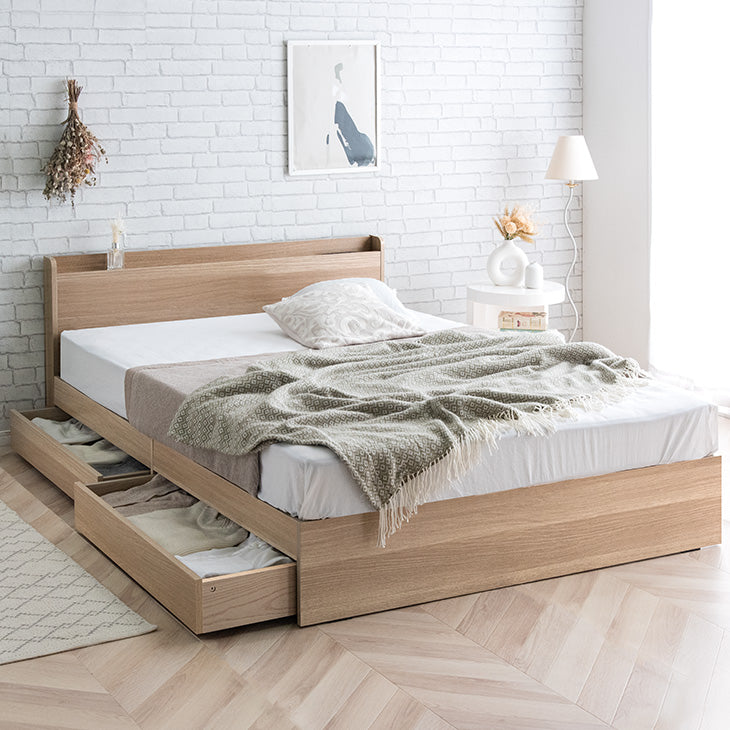 セール！新品 送料込 セミダブルベッド 収納 棚 2口コンセント マットレス付N セミダブル] 収納付きベッド ポケットコイルマットレス付き