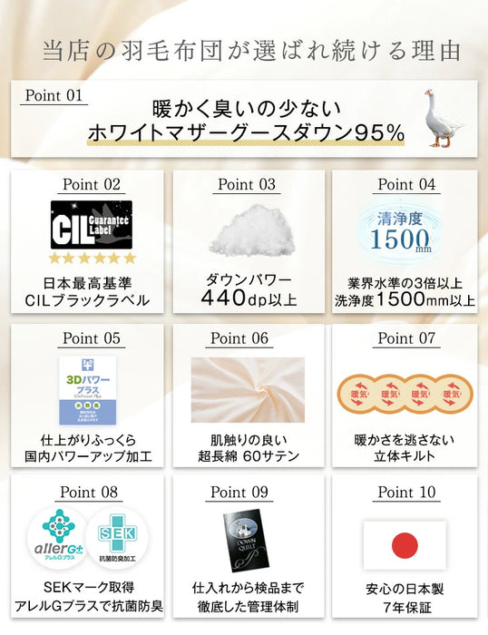 [ダブルロング]  羽毛布団 ホワイトマザーグース95％ 440dp 超長綿60サテン 国産 綿100% 綿100 抗菌 暖かい 羽毛掛け布団〔39100211〕