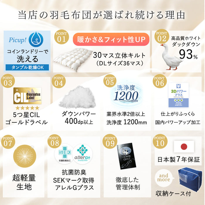 [シングル] 羽毛布団 ホワイトダックダウン93％ 日本製 CILゴールドラベル 30マス立体キルト 400dp以上 アレルGプラス＆洗浄度1200 冬用 ウォッシャブル〔10119003〕