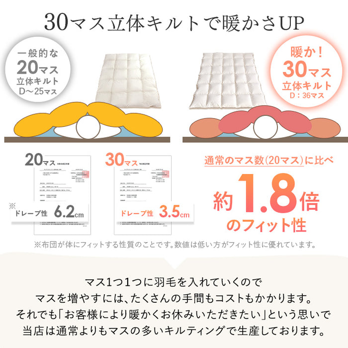 [シングル] 羽毛布団 ホワイトダックダウン93％ 日本製 CILゴールドラベル 30マス立体キルト 400dp以上 アレルGプラス＆洗浄度1200 冬用 ウォッシャブル〔10119003〕