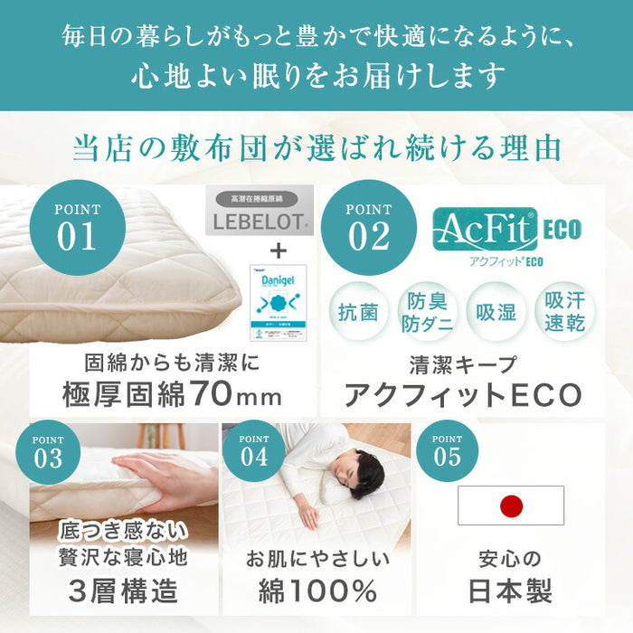 ［ダブルロング］布団の芯から清潔に 極厚固綿80ｍｍ 敷布団 日本製 防ダニ 抗菌 防臭 吸汗 速乾[10119458]