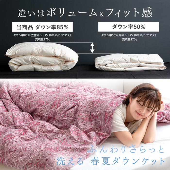 [シングルロング] 洗える 肌掛け布団 羽毛 日本製 ダックダウン85％ 30マス立体キルト ダウンケット 夏 夏用 布団〔10119211〕