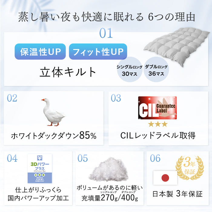［シングルロング 2枚組］洗える 肌掛け布団 羽毛 日本製 ダックダウン85％ 30マス立体キルト ダウンケット 夏 夏用 布団〔10101550〕