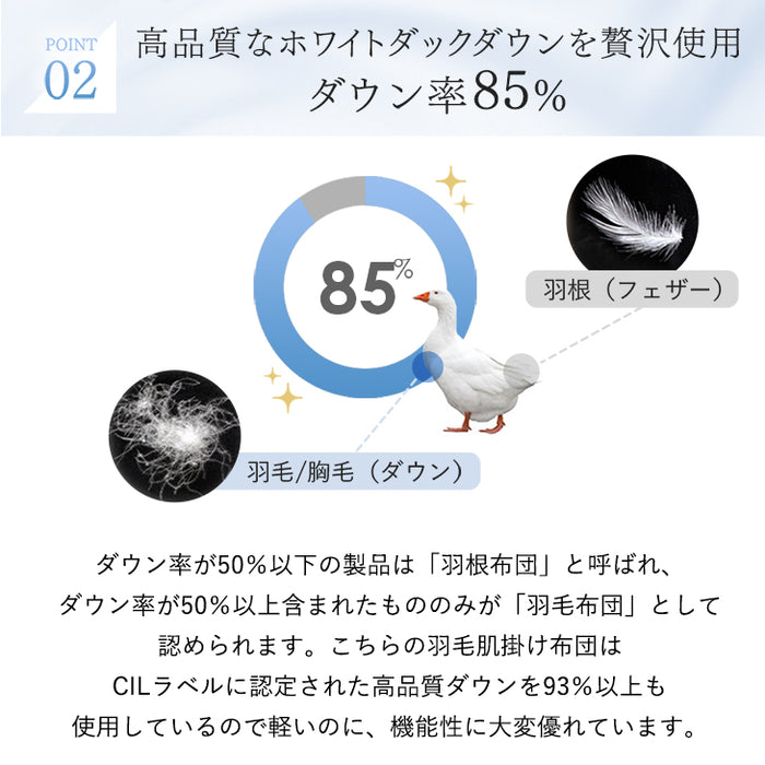 [シングルロング 2枚組] 洗える 肌掛け布団 羽毛 日本製 ダックダウン85％ 30マス立体キルト ダウンケット〔10101550〕