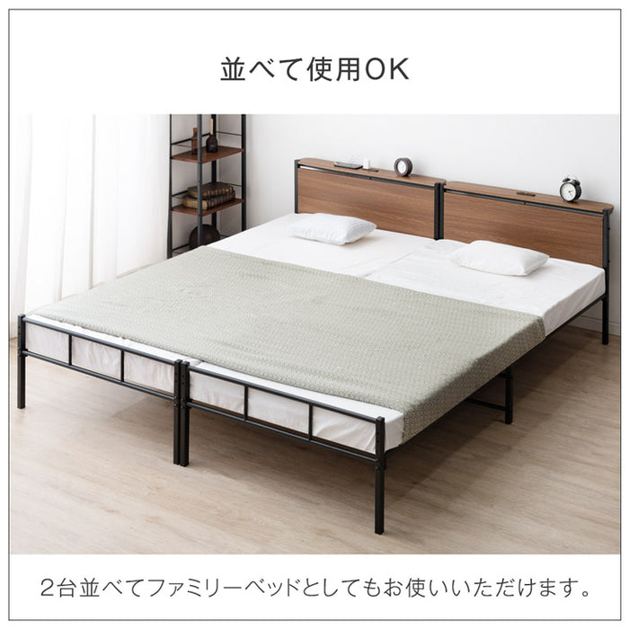 [シングル] パイプベッド 耐荷重300kg 高さ2段階調整 宮棚付き 2口コンセント 北欧 スチール シンプル〔17620004〕