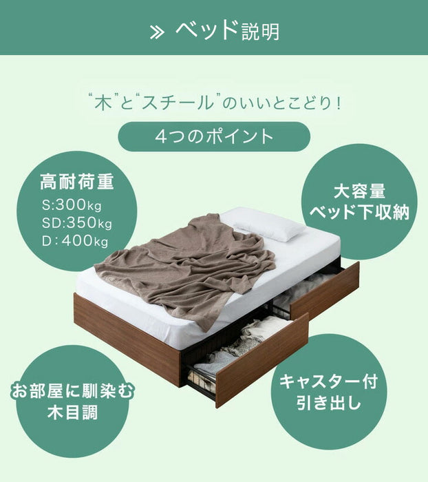 ［シングル］収納付きベッド マットレスセット ボンネルコイルマットレスセット フレーム頑丈 スチール 引出し付〔17620040〕