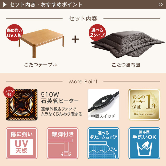 120×80cm こたつ 3点セット こたつテーブル + こたつ掛敷布団 UV 天板〔21300047〕