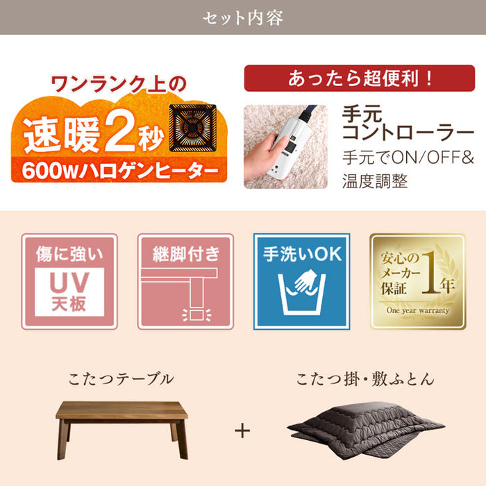[3点セット] 120×80cmこたつテーブル＋掛け・敷布団 ハロゲンヒーター 手元コントローラー 1年保証〔21300067〕
