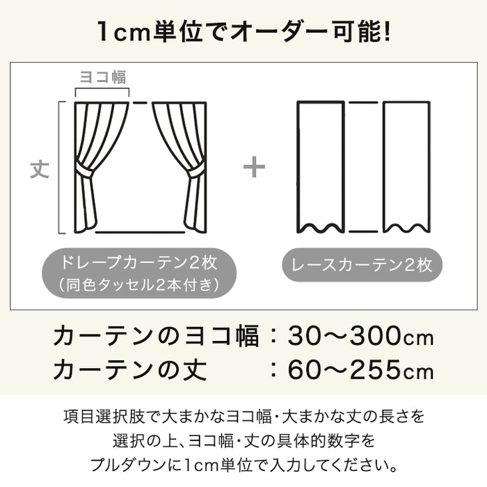 1cm単位で選べる 完全遮光 オーダーカーテン 4枚セット 日本製 遮光カーテン ミラーレース レースカーテン【レースカーテンの柄：無地】〔22700040〕