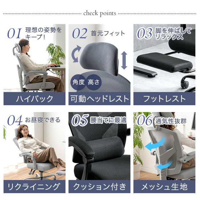 【新発売記念プライス】オフィスチェア フットレスト付き リクライニング 肘付き ランバークッション オールメッシュ〔31500062〕