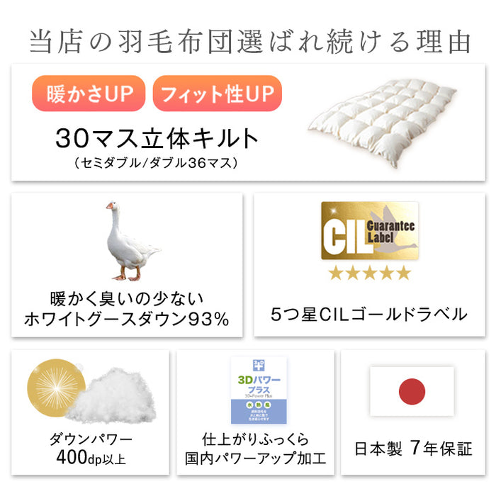 [シングル] コインランドリーで洗える羽毛布団 ホワイトグースダウン93％ CILゴールドラベル 30マス立体キルト 400dp以上 かさ高165mm以上 7年保証 日本製 ウォッシャブル  〔39100153〕