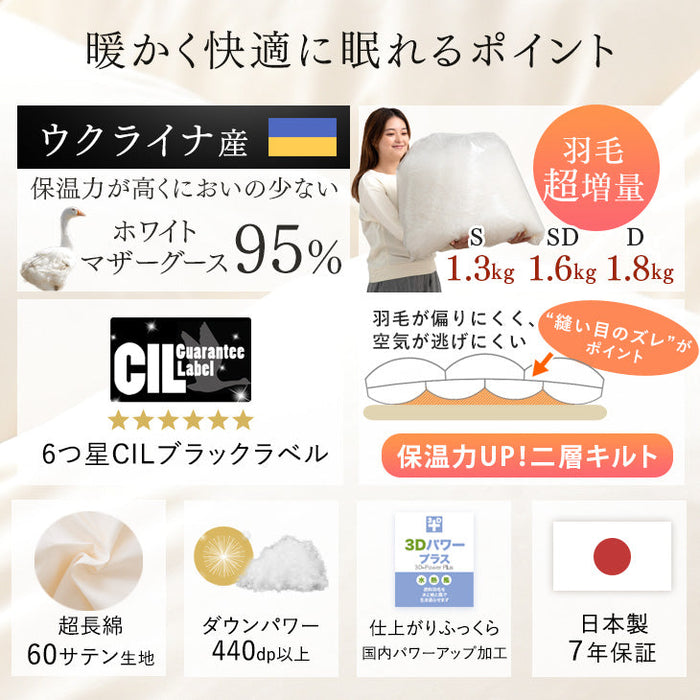 [ダブル] 平和の羽毛 マザーグース 超増量 ウクライナ産 グース 95% 日本製 羽毛布団 二層キルト 60サテン 綿100％ 440 dp以上  洗浄度1500mm 抗菌 防臭 防ダニ ブラックラベル 〔39100358〕