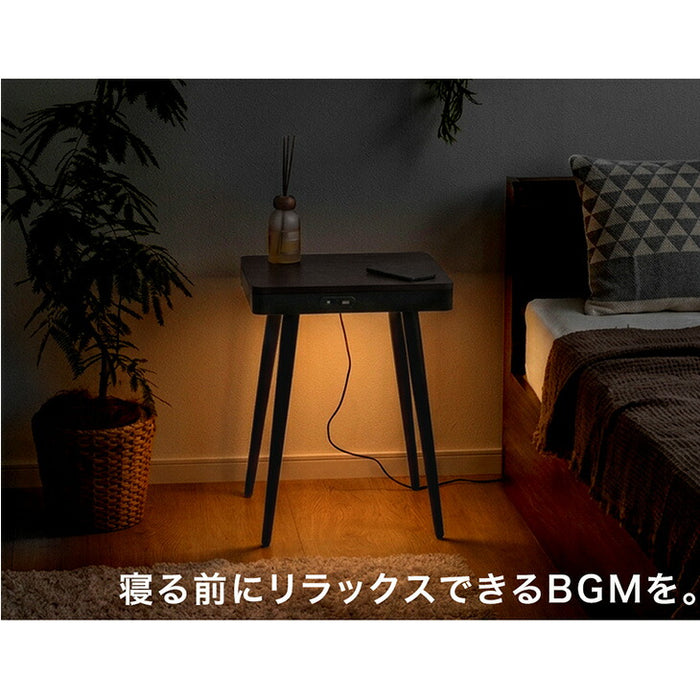 スピーカー内蔵 テーブル ワイヤレス接続＆充電 USB ライト付き ベッドサイドテーブル 木製〔41900039〕