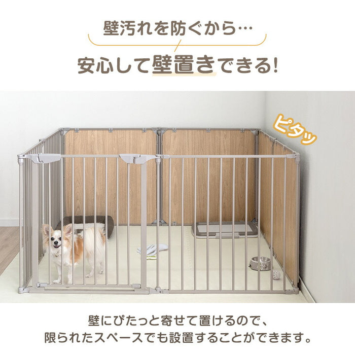 【新発売記念プライス】［6枚］ペットサークル 壁ガード付 木目調 ドア付き 折り畳み 組み換えOK〔64900014〕