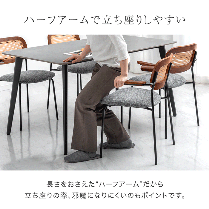 ［単脚］お掃除ロボット対応 ラタンチェア 単品 ハーフアーム  肘付き  木製 布 クッション 座面  韓国風〔68400027〕