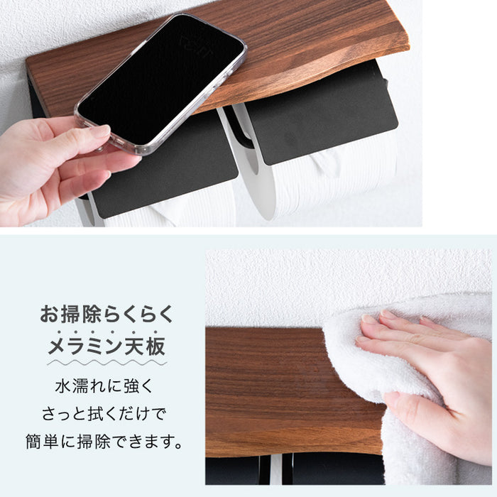 片手で切れる トイレットペーパーホルダー 2連 木目調 おしゃれ 静音 トイレ用品 棚付き 木製〔72600054〕