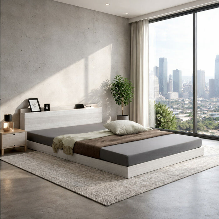 [ダブル] USB・2コンセント&スマホスタンド付 ローベッド フレームのみ コンセント すのこ フレーム 木製 宮付き〔73400035〕