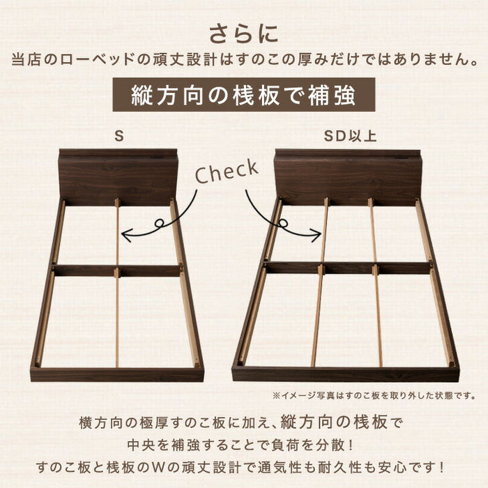 [クイーン] USB・2コンセント&スマホスタンド付 ローベッド フレームのみ コンセント すのこ フレーム 木製 宮付き〔73400036〕