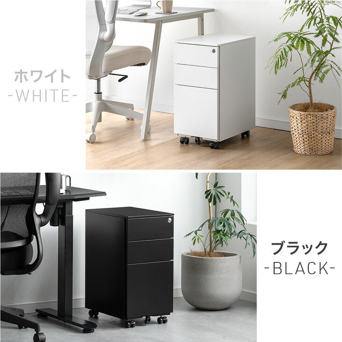 【新発売記念プライス】［デスクワゴン 3段 キャスター付き 完成品 鍵付き スリム フルオープン スライドレール A4 ファイル オフィスワゴン〔77400027〕