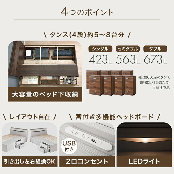 【新発売記念プライス】［シングル］まるでタンスの収納力 大容量 収納付きベッド ベッドフレーム USB付き2口コンセント LEDライト【超大型商品】〔81200000a〕