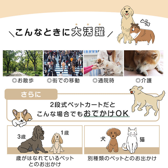 2段式 ペットカート 分離式 洗える 座面 フルオープン 軽量 折り畳み コンパクト 収納 4輪 犬猫兼用〔84100002〕