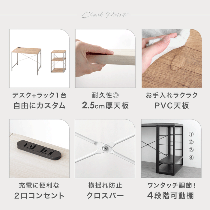 ラック付き デスク 組み換えOK 2点セット コンセント付き サイドラック L字 収納付き 机〔17630129〕