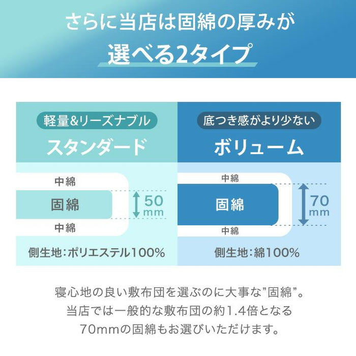 ［シングル］ 三層敷布団 日本製 固綿 防ダニ 抗菌 防臭吸汗 速乾 硬め〔10156720〕