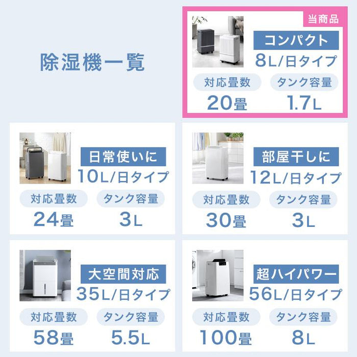 コンプレッサー式 除湿機 8L/日 20畳 コンパクト 衣類乾燥 キャスター