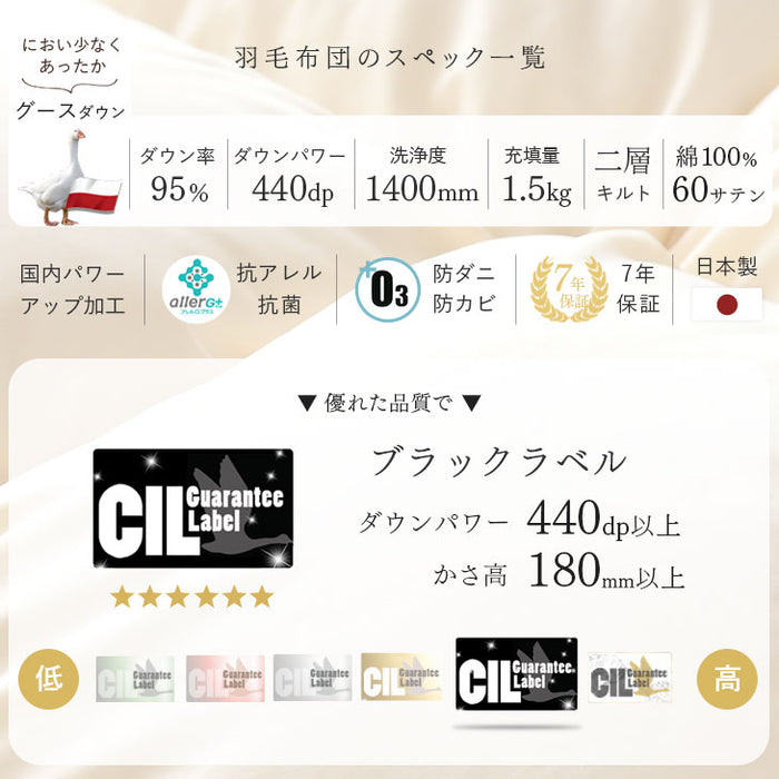 [セミダブル] 女神の羽毛布団 増量1.5kg ポーランド産マザーグースダウン95％ CILブラックラベル 二層キルト 440dp以上 かさ高180mm以上  60サテン 7年保証 日本製 〔10119048〕