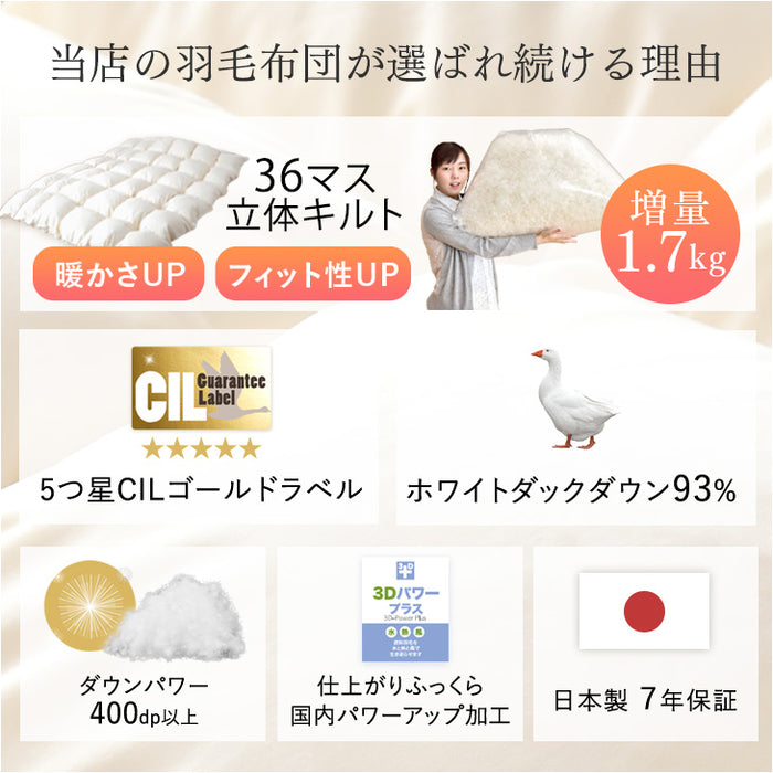 [ダブル] 増量1.7kg 羽毛布団 ホワイトダックダウン93％ CILゴールドラベル 36マスキルト 400dp以上 かさ高165mm以上 7年保証 日本製 〔10119060〕