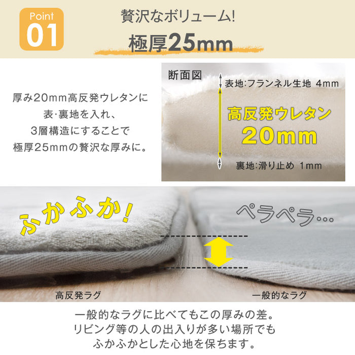 ［200×300］極厚25mm 高反発ラグ 滑り止め付 フランネル生地 ホットカーペット対応 防音 ラグマット ラグ〔65010004〕