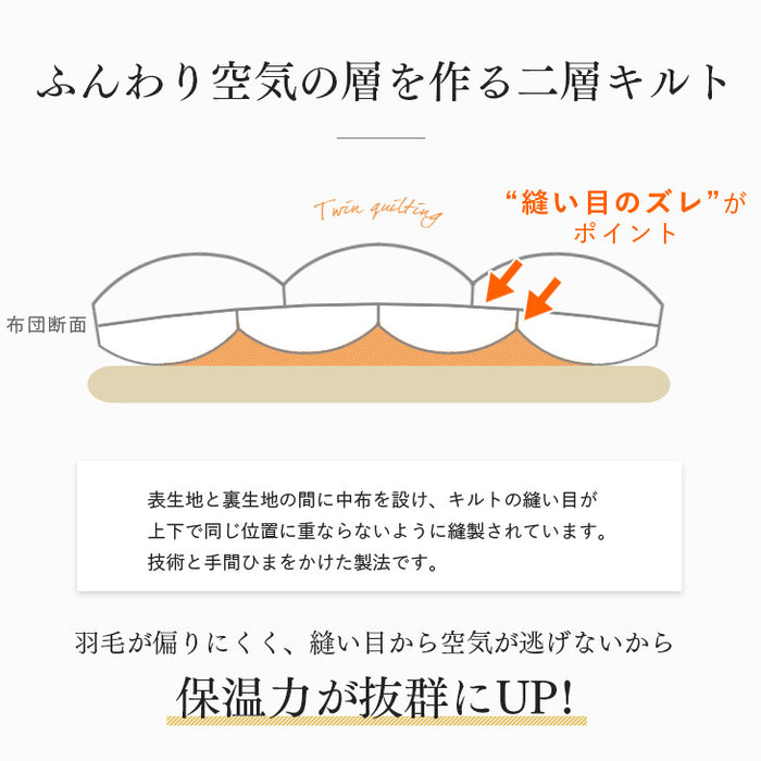 [ダブル] 大増量1.8kg 羽毛布団 ホワイトグースダウン93％ CILゴールドラベル 二層キルト 400dp以上 かさ高165mm以上 7年保証 日本製 〔10119044〕