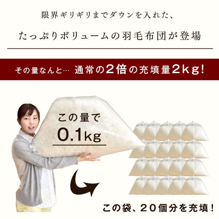 [シングル] 羽毛布団 超増量2.0kg ポーランド産ホワイトマザーグースダウン95% CILブラックラベル 30マスマチ高ボックスキルト 440dp かさ高180mm以上 7年保証 日本製 〔10106438〕