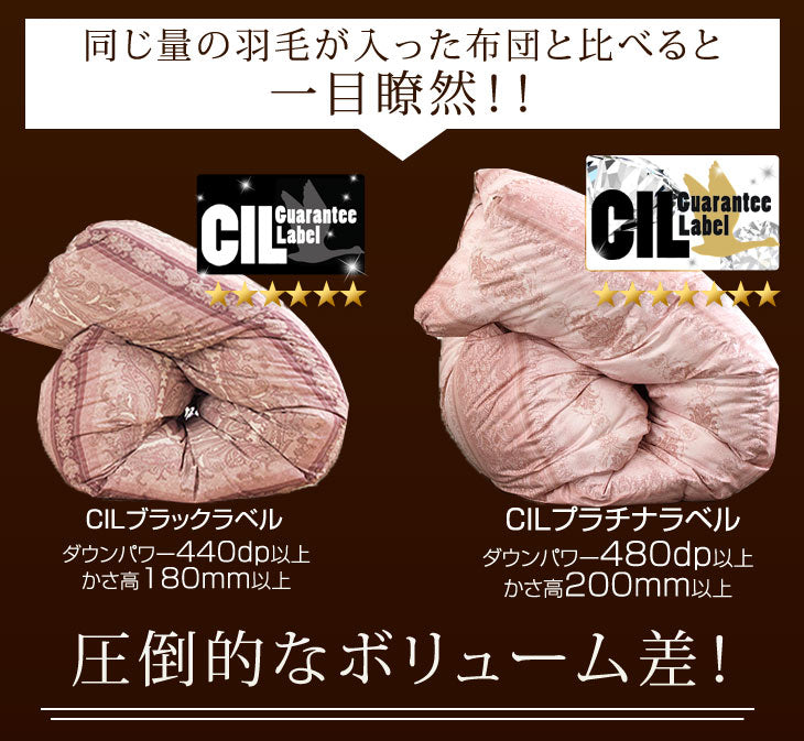 [セミダブル] 羽毛布団 増量1.5kg ポーランド産マザーグースダウン95% CILプラチナラベル 二層キルト 超長綿160番手 480dp かさ高200mm以上 10年保証 日本製 〔10119053〕