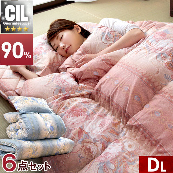 [ダブル] 布団6点セット 増量1.8㎏ ホワイトダックダウン90％ CILシルバーラベル 立体キルト 350dp以上 日本製〔10119079〕