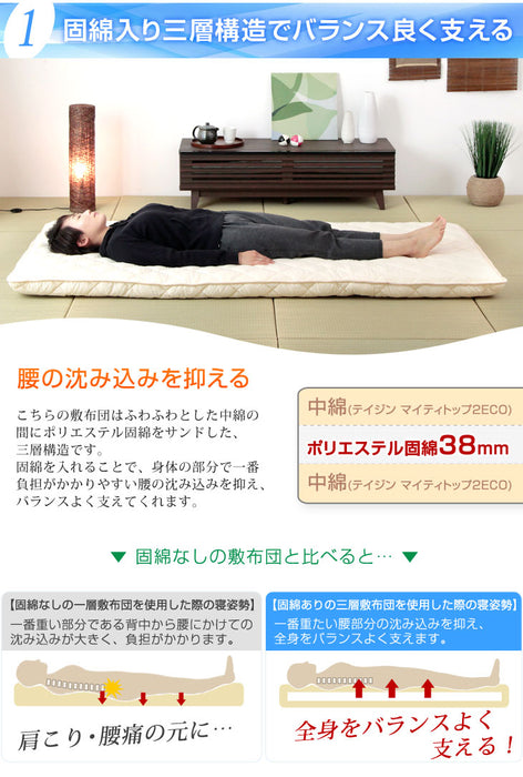 [シングル] [シングル ロング] 日本製 清潔 三層敷布団  防ダニ 防臭 帝人 抗菌 マイティトップ (R) 2 ECO〔10419155〕