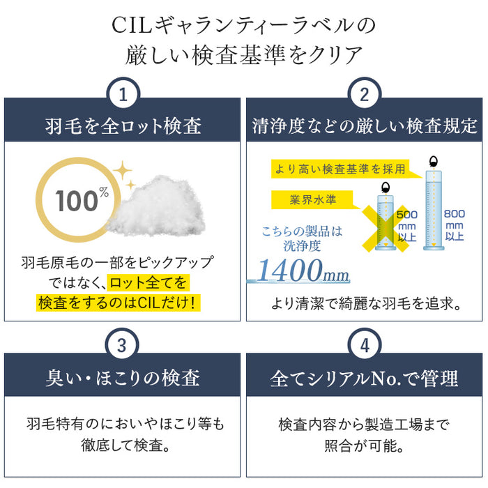 [シングル] 大増量1.3kg 羽毛布団 ホワイトグースダウン93％ CILゴールドラベル 二層キルト 400dp以上 かさ高165mm以上 7年保証 日本製 〔10119043〕