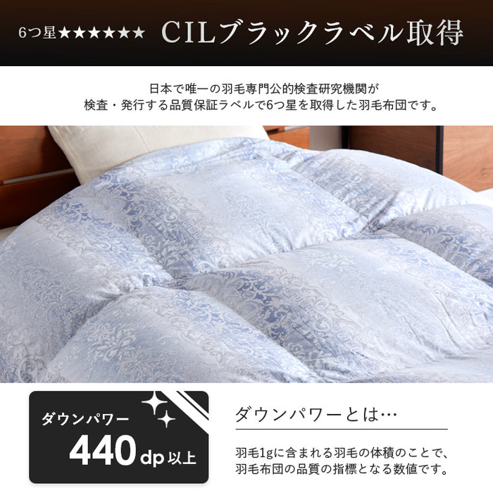 [シングル] 超増量1.5kg うるおい ファインテイスト生地 羽毛布団 ポーランド産 ホワイトマザーグース95％ CILブラックラベル 二層キルト 440dp以上  かさ高180mm以上 日本製〔10106512〕