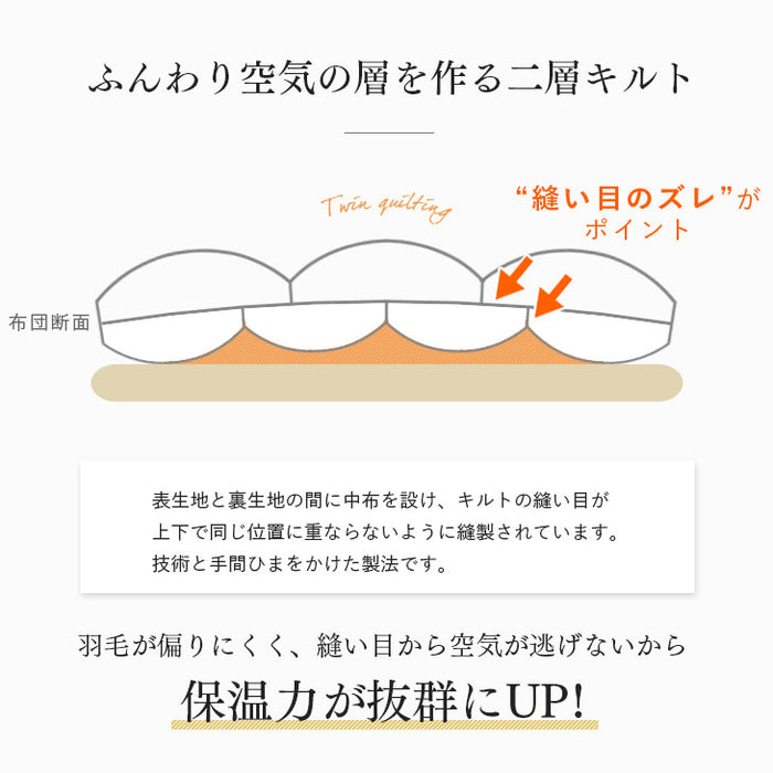 [クイーン] 大増量2.1kg 羽毛布団 ホワイトグースダウン93％ CILゴールドラベル 二層キルト 400dp以上 かさ高165mm以上 7年保証 日本製 〔10119081〕