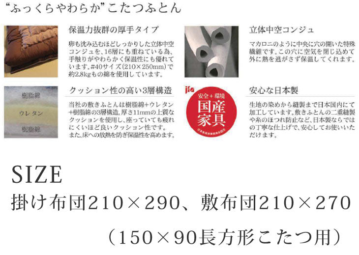 国産 こたつ用布団掛敷セット 2点セット 長方形 【対応こたつサイズ 150×90用】 〔1681004500〕