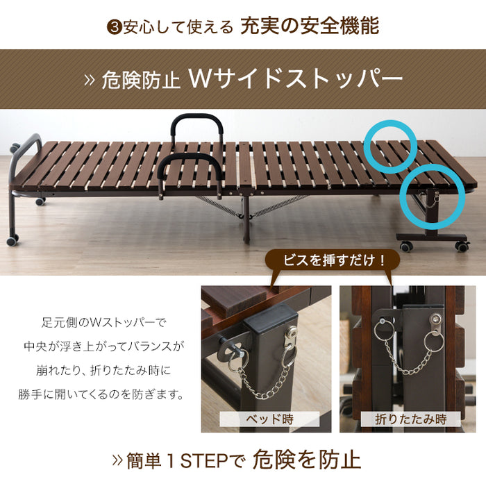 [シングルワイド] 天然桐すのこベッド ハイタイプ 折り畳み式  キャスター付き 折りたたみベッド すのこ〔17610052〕