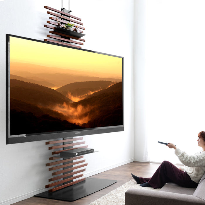 [最大90インチ対応] 天然木 突っ張り式 テレビスタンド 収納棚  壁寄せ 大型テレビ対応 ハイタイプ 〔45400069〕
