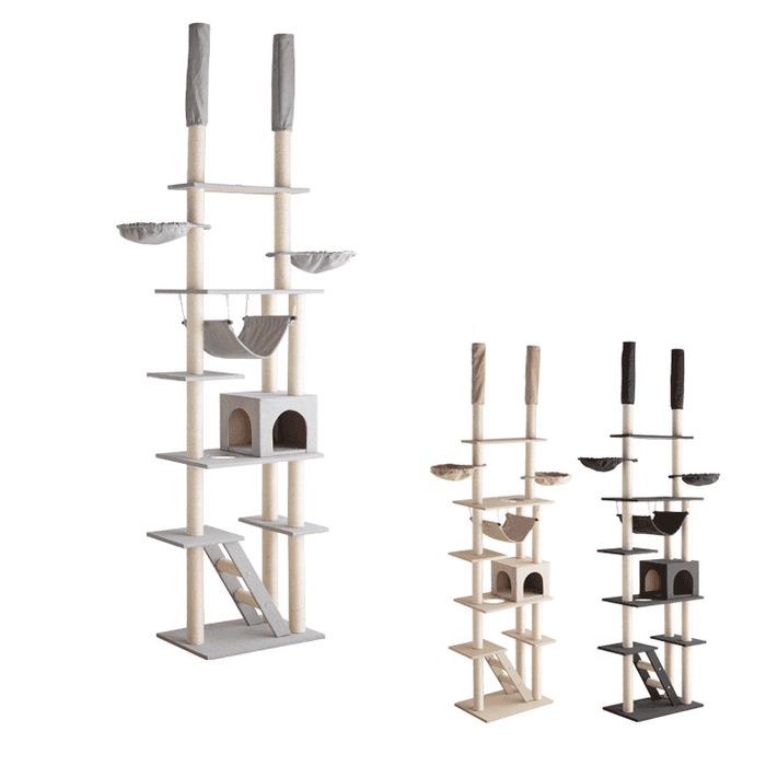 高さ230～253cm くすみカラー つっぱり式 ファブリック キャットタワー 支柱3本 突っ張り 爪研ぎ ハンモック 〔40900003〕
